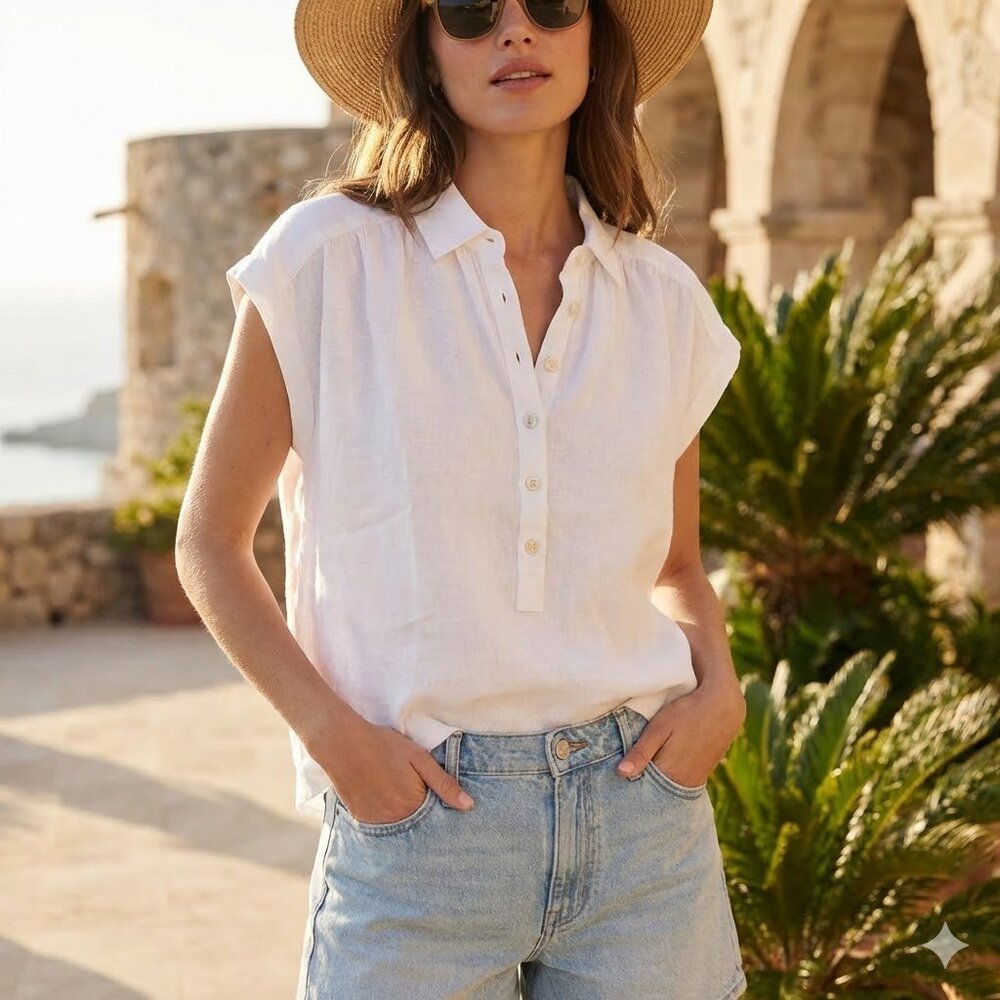 J. Crew Cream Button Front Cap Sleeve Linen Top